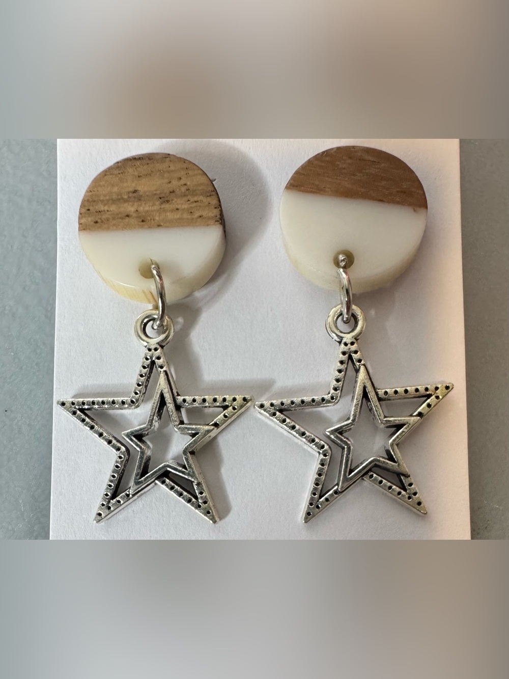 Wood & White Round Top Star Dangle Earrings neutral silver tone woodsy